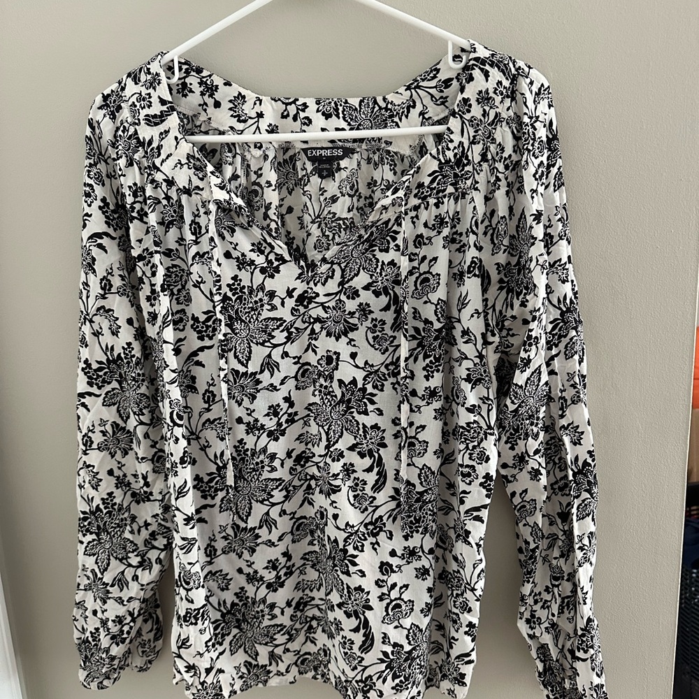 Express Black and White Smocked Long Sleeve Blouse